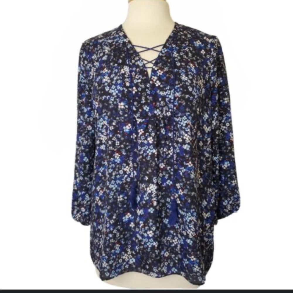 💙💙🪻TAHARI COBALT BLUE AND PURPLE BOHO TIE BLOUSE